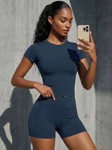 2pcs Badge Blue Sports Set, Solid Color Crew Neck T-Shirt & High Waist Sports Shorts With Pockets, Athleisure Summer - Navy Blue - View 2