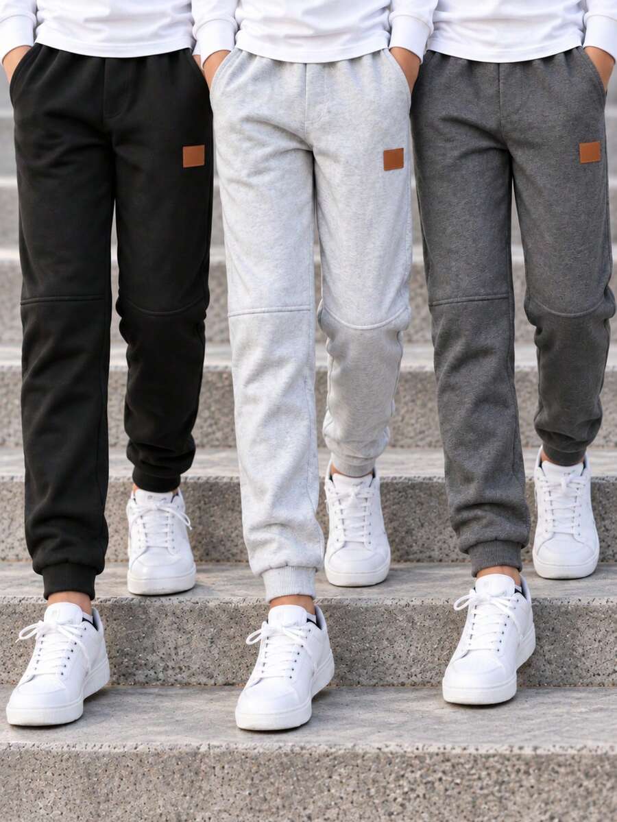3pcs/Set Boys Spring/Autumn Long Pants, Leather Decor, Solid Color, Simple Daily Versatile Casual, Suitable For 4-12 Years Old Boys - Multicolor - View 1
