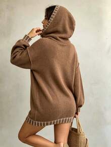 Plus Size Casual Fashion Versatile Drawstring Hooded Long Sleeve Knit Pullover Sweater - Brown - View 2