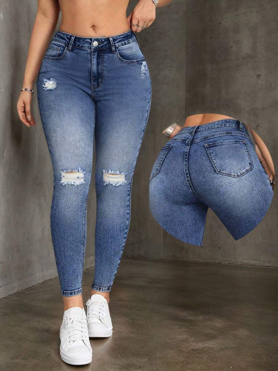 Jeans Skinny Pinggang Tinggi Elegan, Panjang, Elastisitas Sedang, Kancing Depan, Tanpa Lengan, Model Musim Gugur - Biru - View 1