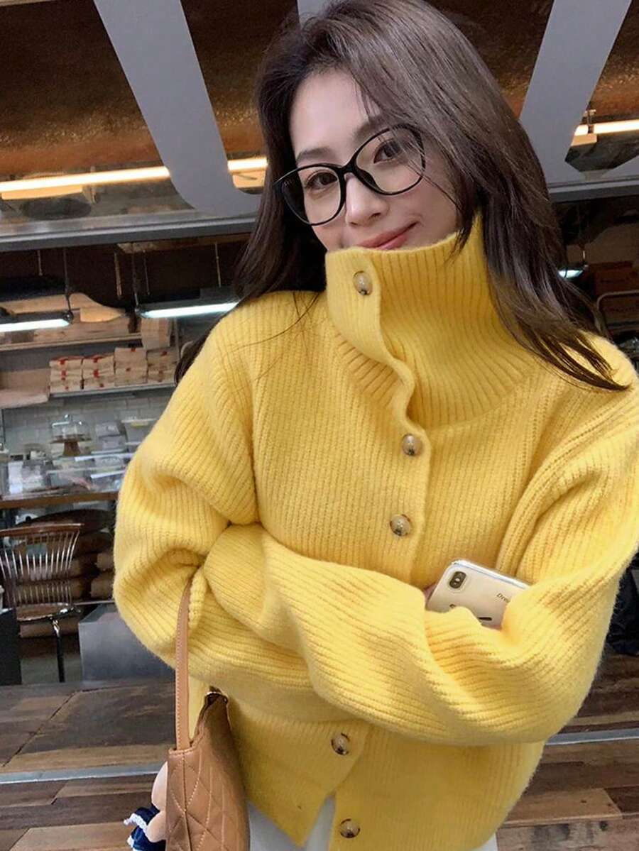 Women's High Neck Cardigan Sweater, Vintage Lapel Loose Knit Jacket, Autumn/Winter - Yellow - View 1