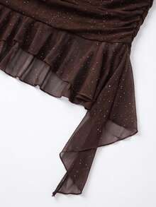 AELITH Women's Glitter Halter Neckline Ruched Chiffon Ruffle Hem Mini Dress, Brown Party Dress, Date Night Dress, Hoco2026 - Brown - View 9