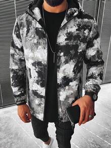 1pc Black And White Ink Wash All-Over Print Hooded Jacket For Men, Long Sleeve Jacket With Tie-Dye Camouflage Print Design, Outdoor Sports Style, Suitable For Hiking, Camping, Short Trips, Park Strolls, Commuting - Black - View 5