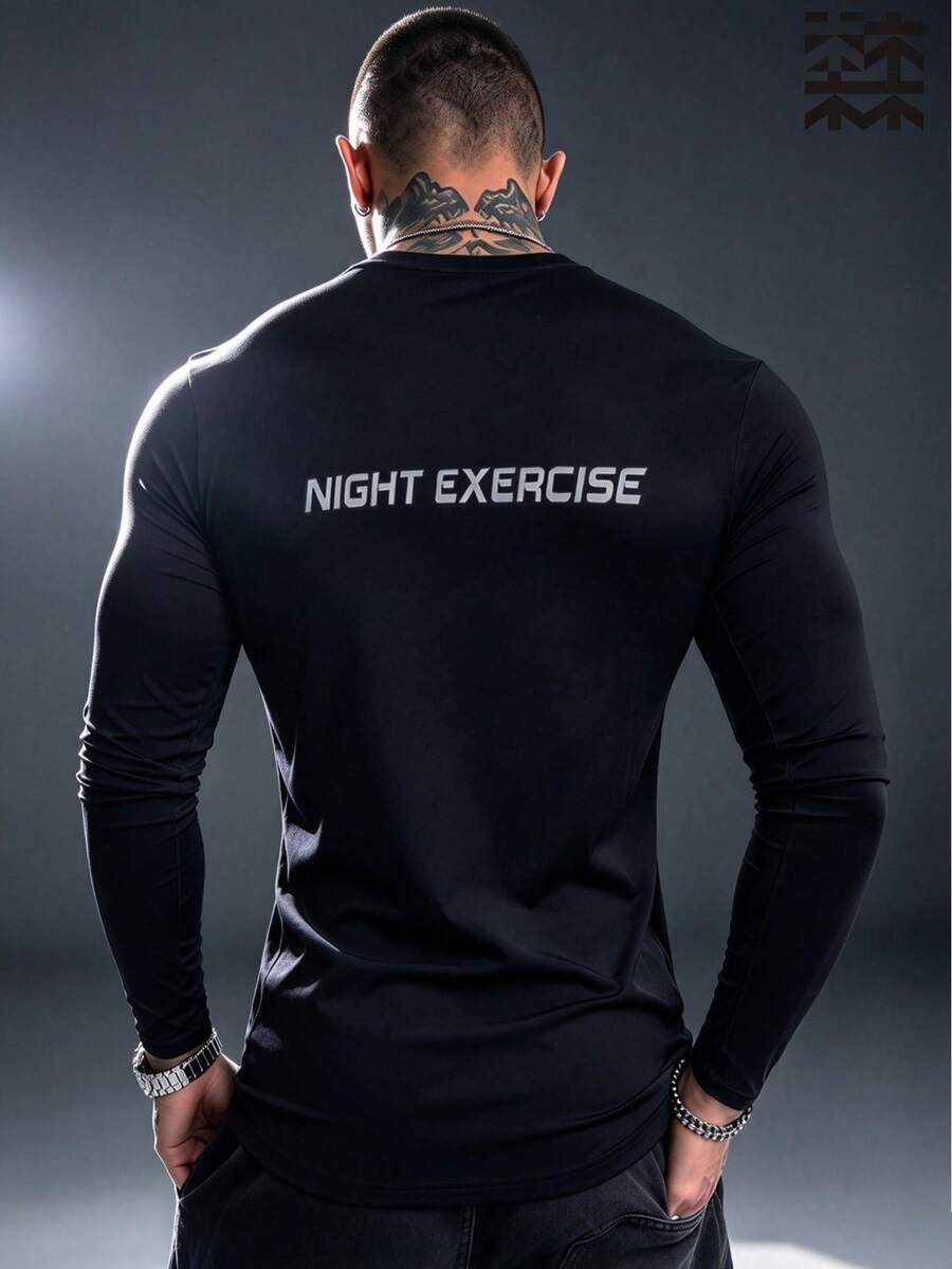 mulinsen Men's Letter Print Raglan Sleeve Quick-Dry Long Sleeve T-Shirt, Slim Fit Fitness Running Sports Base Layer Top - Black - View 1