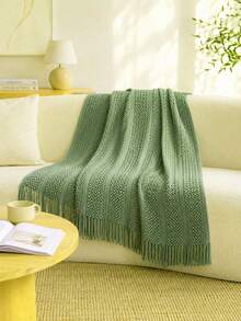 1pc Solid Color Knitted Blanket, Nordic Style Tassel Design Soft Blanket, Office Nap Blanket, Bed Throw, Sofa Blanket, Suitable For Daily Use - Olive Green Cable Knitted Scarf - View 4
