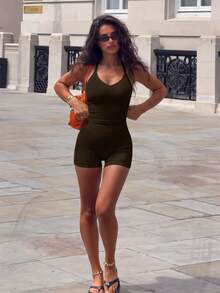 Women 2pcs Solid Color Ruched Halter Neck Cropped Tank Top + High Waist Butt Lifting Shorts Fitness Yoga Set - Brown - View 6