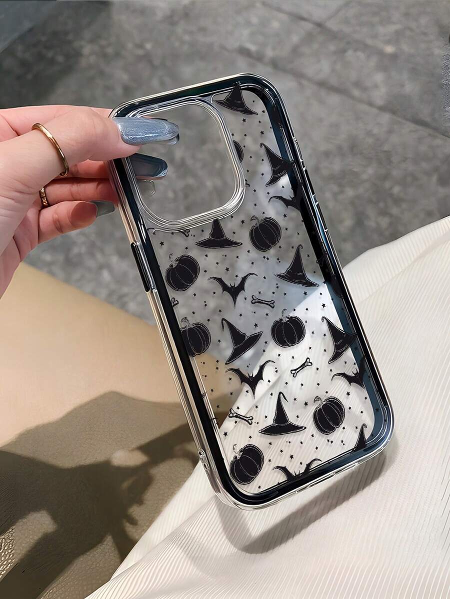 1pc Fashion Creative Full Screen Halloween Hat Star Pumpkin Bat Pattern Phone Case, Color Block 2-In-1 TPU Shockproof Soft Shell Protective Cover Compatible With Apple 11/12/13/14/14plus/15/15plus/16/16plus/17/17pro/18pro/18PM And Other Models - Multicolor - View 1