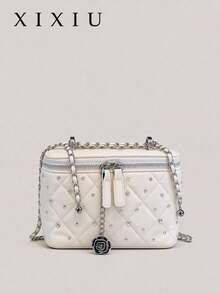 Dedoo Fashion 斜身鏈條包，結構方盒包，鑲鑽亮面絎縫女款手提包 - 白色 - 查看 2