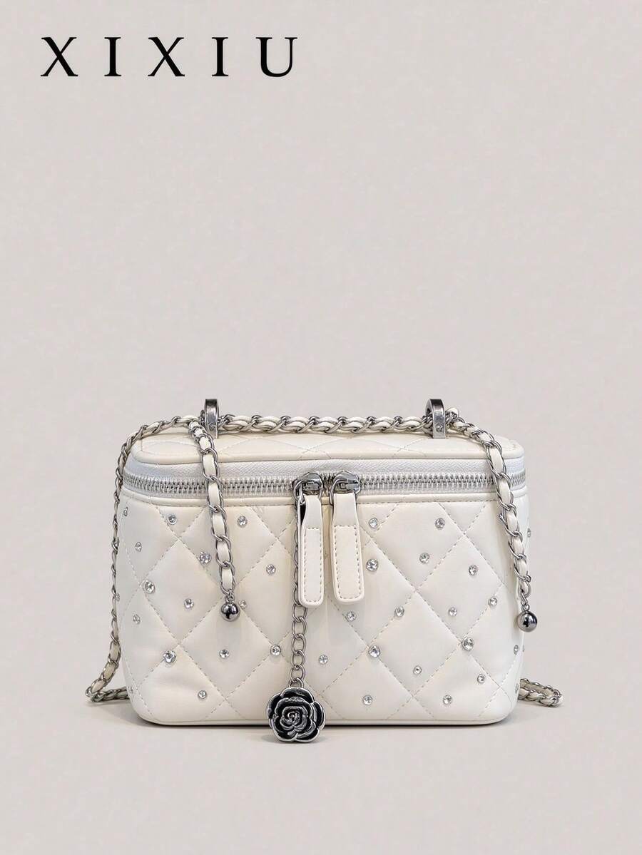 Dedoo Fashion 斜身鏈條包，結構方盒包，鑲鑽亮面絎縫女款手提包