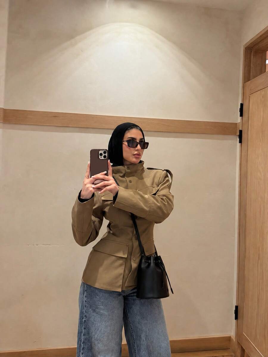 Women's Strappy Pocket Stand Collar Long Sleeve Jacket, Elegant, Suitable For Autumn - Apricot - View 1