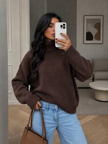 Women's Autumn/Winter All-Match Dark Brown Textured High Neck Sweater, Loose Fit Dropped Shoulder Short Knit Top, Slimming Layering Piece, Minimalist Commuter Style, Versatile Solid Color Ribbed Everyday Wear - Chocolate Brown - View 2