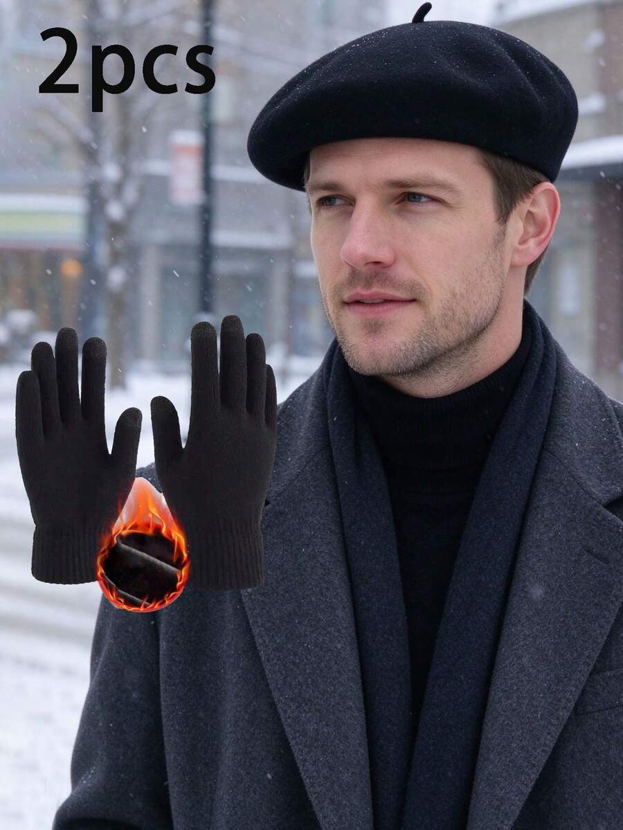 2pcs Winter Warm Set Black Vintage Beret + Solid Color Knitted Full Finger Gloves Outdoor Cold Weather Hat And Gloves 2 Pieces Set - Black - View 1