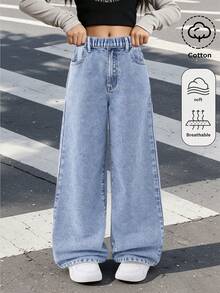 Quần jean denim thời trang cho bé gái, quần ống đứng dáng rộng phong cách thường ngày mới cho mùa xuân/thu - Màu xanh lam - Xem 1