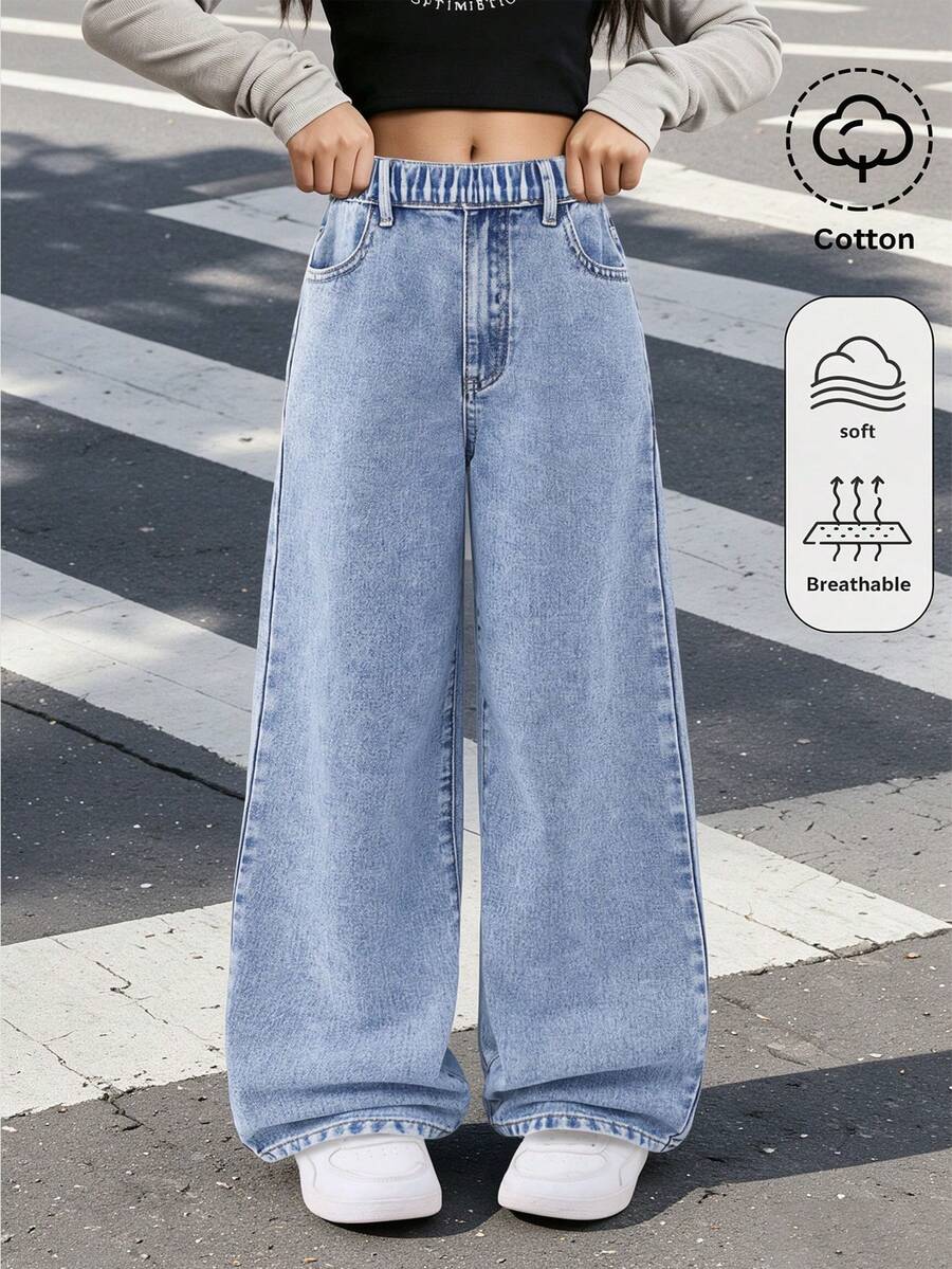 Quần jean denim thời trang cho bé gái, quần ống đứng dáng rộng phong cách thường ngày mới cho mùa xuân/thu - Màu xanh lam - Xem 1