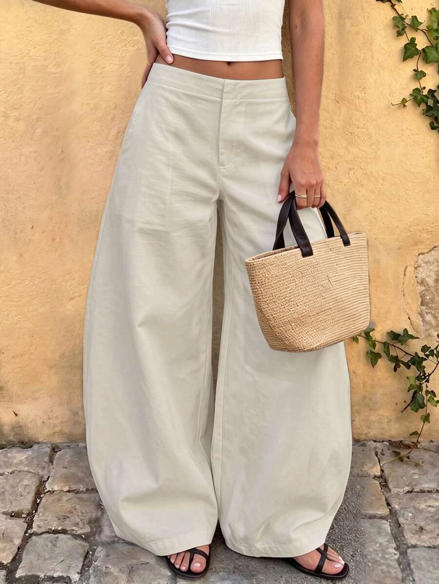 Aflion Women's Elegant White High-Waist Lantern Wide-Leg Pants, Soft Textured Fabric With Back Pockets, Suitable For Office, Daily, Formal And Business Wear - Apricot - View 1