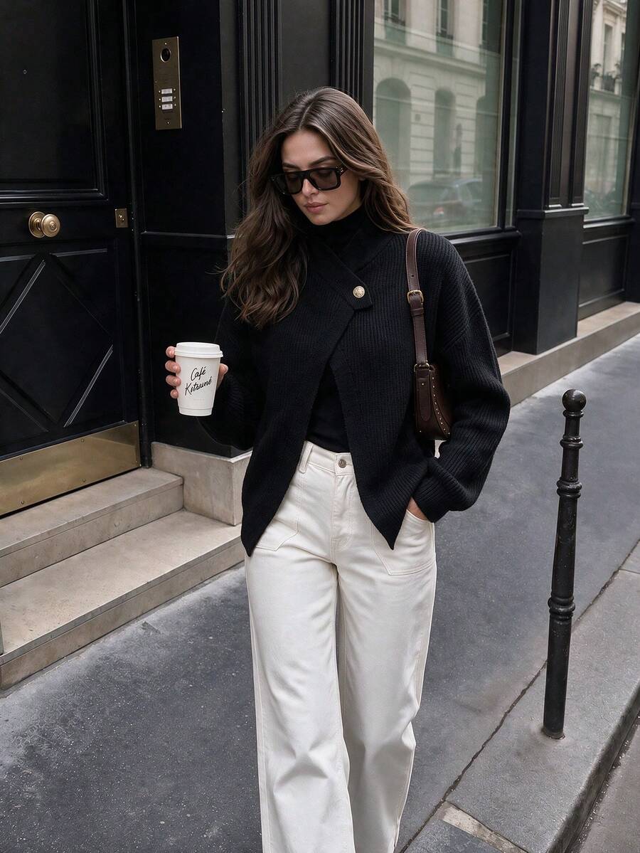 NOVELLE Women's Chic Cross Wrap Collar Knit Cardigan, Asymmetric Loose Single Button Lazy Style Casual Autumn Winter, For Commute And Daily Going Out - Black - View 1