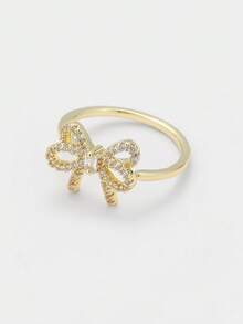 Sorayune 1pc Fashionable Personalized Sweet Creative Design Micro-Inlaid Cubic Zirconia Bowknot Open Ring - Gold - View 6