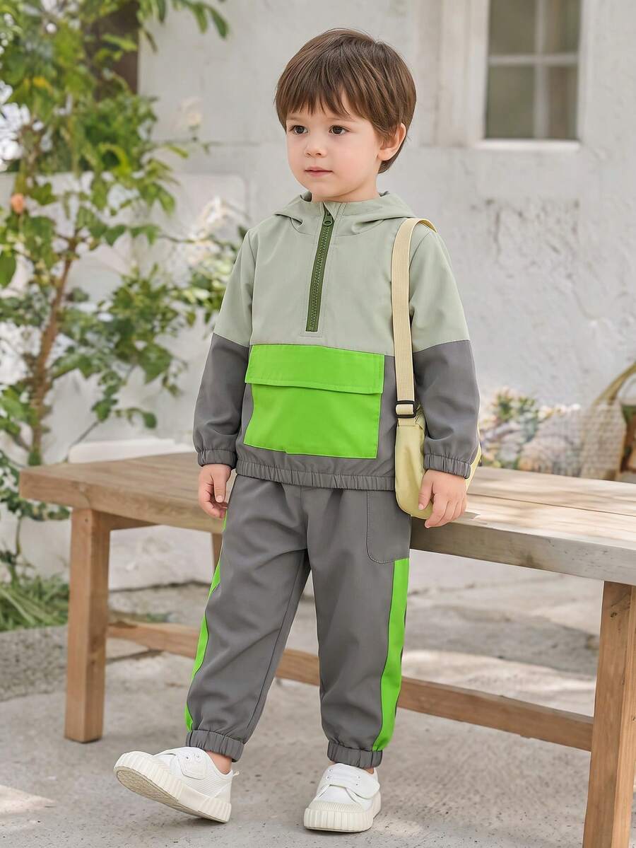 Baby Boy 2pcs Casual Color Block Hooded Top And Pants Outfit, Cargo Style - Grey - View 1
