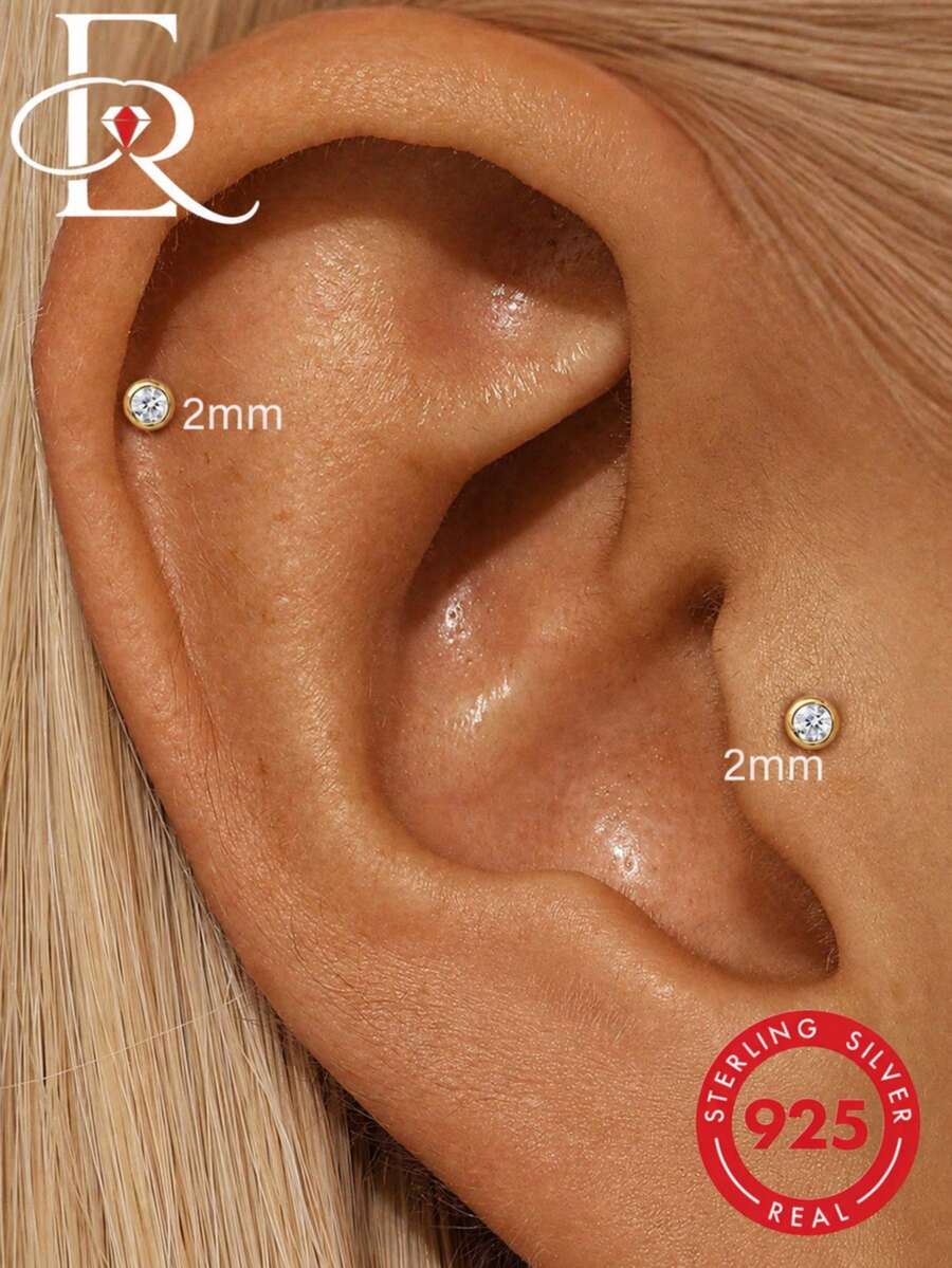 EleRunis 1pc 925 Sterling Silver Delicate Round Hoop Cartilage Earring, Heart-Shaped Flat Back Cartilage Stud, Suitable For Daily Wear, Wedding Party, Valentine's Day - Gold - View 1