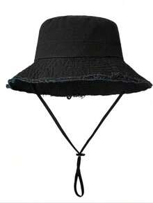 1pc Men's Street Fashion Drawstring Brim Bucket Hat, Adjustable Chin Strap Design, Distressed Frayed Edge Treatment, Soft Fabric, Sun Protection & Windproof, Versatile Style, Suitable For Travel, Beach, Daily Casual Wear - Anti-aging A-type - View 5