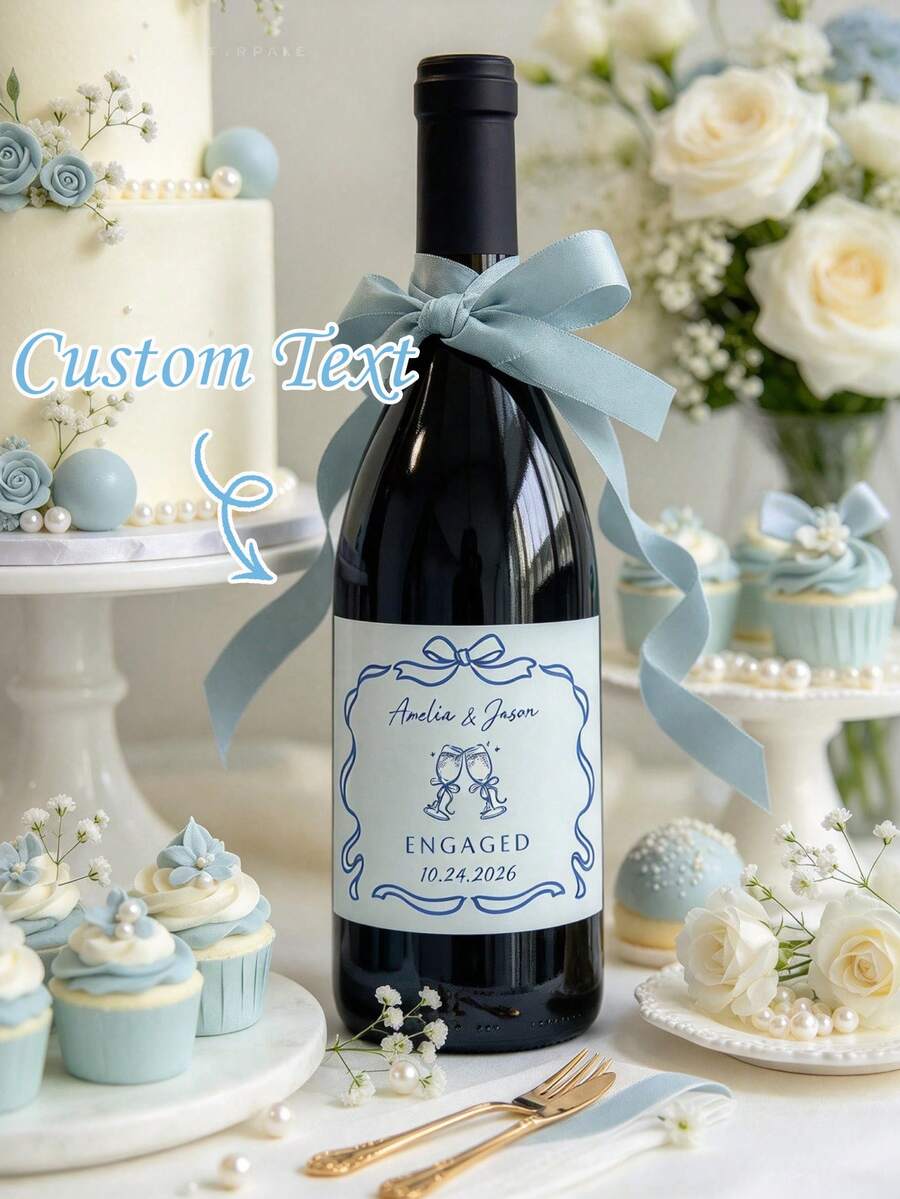 Customized Engagement Champagne/Wine Labels: Wedding Gifts, Weddings, Anniversaries, Birthdays And Holiday Parties. Personalizable With Names, Dates And Custom Text; Perfect For Wedding Favors, Gift Packaging And Special Occasions - Including Photo Style Labels. - Multicolor - View 1
