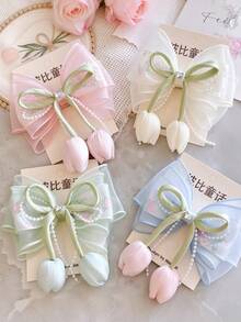 1pc Gentle Tulip Tulle Bow Hair Clip,Rhinestone Decor Side Clip,Sturdy Alligator Clip Design,Not Easy To Slip,Great For Side Hair & Half-Up Hairstyles - Multicolor - View 1