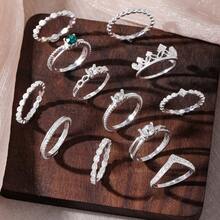 22/21pcs Heart-Shaped Fashion Rings, Minimalist Crystal Embedded Bohemian Geometric Ring Set, Gift For Valentine's Day, Mother's Day - Silver - View 8