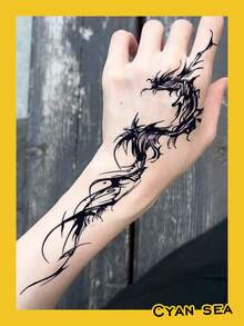1pc Temporary Tattoo Sticker, Dark Line Dragon Totem Pattern, Realistic Fake Tattoo Design For Daily Wear, Bachelorette Party Favors, Music Festival, Cosplay, Graduation Gift, Lasts 3-5 Days - Black - View 6