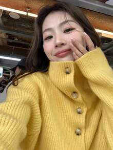 Women's High Neck Cardigan Sweater, Vintage Lapel Loose Knit Jacket, Autumn/Winter - Yellow - View 4