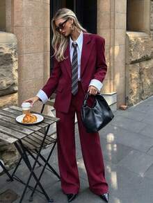Women's Elegant Burgundy Suit Jacket And Pants Set, Suitable For Autumn Outings, Parties, Gatherings And Business Meetings - Ankara Red - View 4