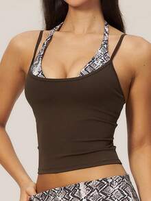 TimeOff Women's One Set Snake Skin Print 2 In 1 Patchwork V-Neck Halter Tank Top Folded Waist Wide Leg Pants Running Sports Outfit - Brown - View 5