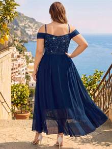 Plus Size Elegant Cold Shoulder Sequin Floral Lace Bodycon Dress With Ruffle Mesh Hem, Formal Party Gown For Wedding, Birthday, Homecoming Dance - Navy Blue - View 2