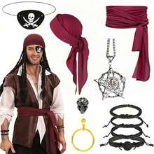 10pcs Adult Unisex Pirate Costume Set, Pirate Bandana, Captain Hat, Vintage Wide Belt, Pirate Eyepatch, Necklace, Earrings, Ring, Complete Accessory Set, Suitable For Pirate Theme Party, Cosplay And Halloween - Multicolor - View 1