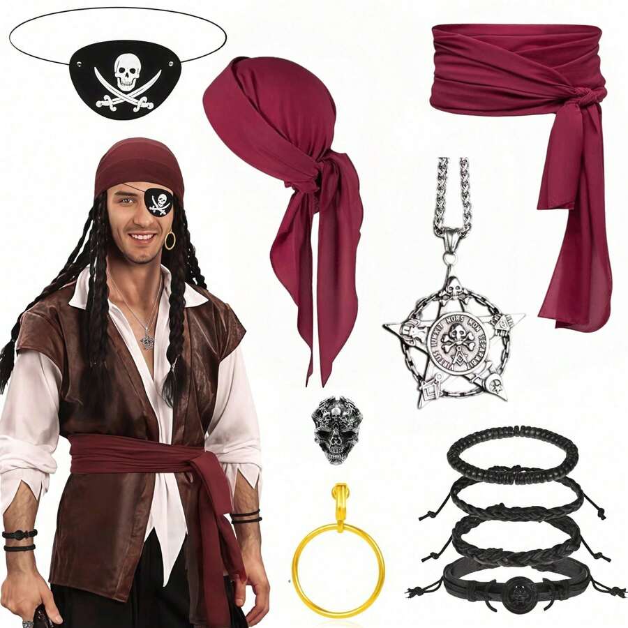 10pcs Adult Unisex Pirate Costume Set, Pirate Bandana, Captain Hat, Vintage Wide Belt, Pirate Eyepatch, Necklace, Earrings, Ring, Complete Accessory Set, Suitable For Pirate Theme Party, Cosplay And Halloween - Multicolor - View 1
