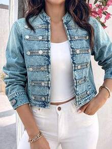 Women's Vintage Stand Collar Multi-Button Denim Short Jacket, Distressed Washed Metal Button Design Casual Jacket Top, Autumn New Fashion Outfit - Light Wash - View 2