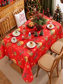 1pc Christmas Tablecloth With Multiple Patterns Optional, Polyester Rectangular Table Cover, Poinsettia/Santa Sleigh/Bell Holly/Christmas Tree Snowflake Print, Washable Festive Party Table Cloth, Xmas Home Dinner Table Decor Supplies - Multicolor - View 5