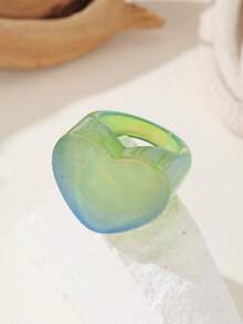 Y2K Style Green Colorblock Ring Set, Personalized Glitter Heart & Square Wide Band Stackable Rings - Multicolor - View 8
