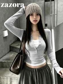Áo thun nữ tay dài ôm dáng phong cách Hàn Quốc mùa thu mới, gợi cảm, cài nửa cúc, 2 trong 1, đa năng - Màu Xám nhạt - Xem 5