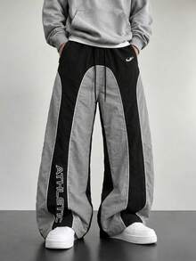 1pc Men's Black & Gray Colorblock Wide Leg Casual Pants, Elastic Waist With Drawstring Design, Line & Colorblock Design, Letter Print, Drawstring Waistband, Elastic Waistband, Multiple Colors, Couple Gift, Men's Long Pants, Gift For Boyfriend - Multicolor - View 1