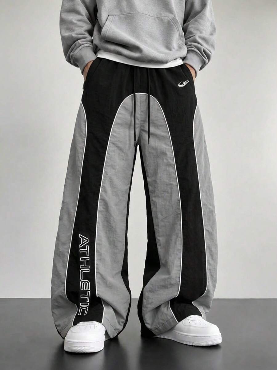 1pc Men's Black & Gray Colorblock Wide Leg Casual Pants, Elastic Waist With Drawstring Design, Line & Colorblock Design, Letter Print, Drawstring Waistband, Elastic Waistband, Multiple Colors, Couple Gift, Men's Long Pants, Gift For Boyfriend - Multicolor - View 1