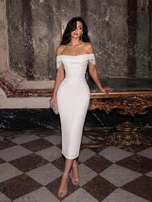 ADYCE Elegant Off Shoulder Waisted Backless BodyconTie-Back Sequin Beaded Lace Fishbone Prom Gown Homecoming Wedding Guest Formal Dinner Midi Christmas - White - View 7