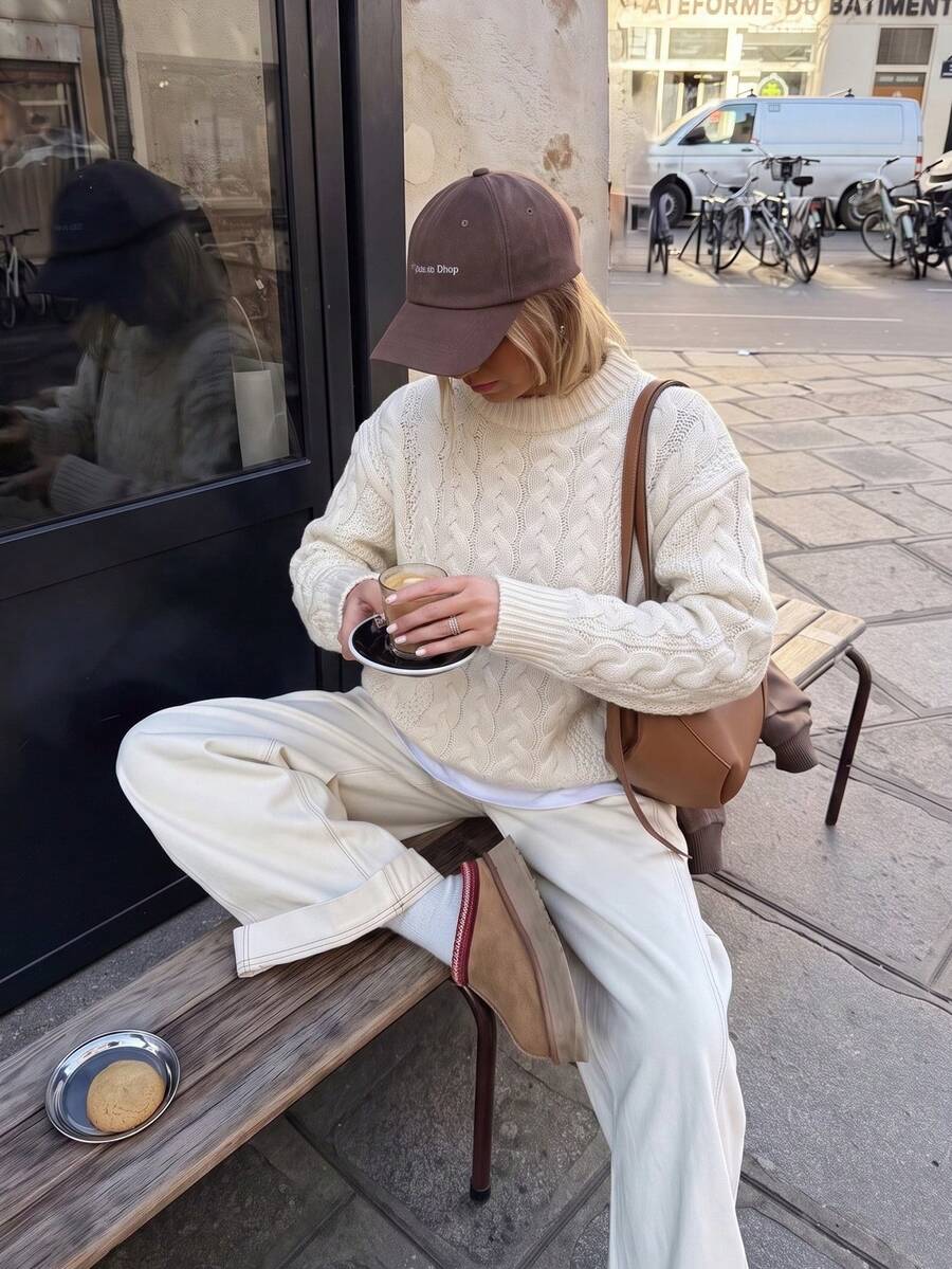 Just Masa Women's Fall Winter Casual Cable-Knit Sweater Tops,Solid Color Round Neck Long Sleeve Rib-Knit Pullover,For Daily Wear,Going Out,Commute - Apricot - View 1