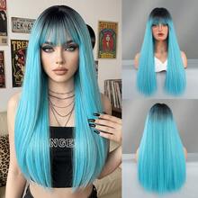 Wig Lurus Panjang Biru dengan Poni, Akar Gelap, Rambut Serat Sintetis Tahan Panas, Wig Kostum Halloween untuk Cosplay, Pesta Festival, Sehari-hari, Aksesori Wig Fashion 24 Inci - MultiWarna - View 14