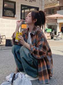 女款粉色格紋長袖襯衫，初秋外套，寬鬆上衣 - 摩卡棕 - 查看 4
