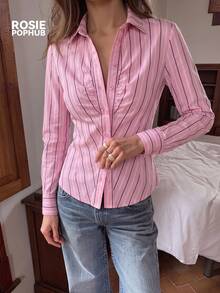 ROSIE POPHUB Women Pink Striped Collar Long Sleeve Front Ruched Slim Fit Waist Cinched Button Down Elegant Office Daily Fall Winter Shirt - Pink - View 4