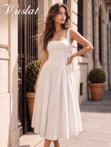 Dirp Noir Women's Autumn Elegant Plaid Square Neck Wide Strap Ruched Midi Dress, National Day, Graduation, Back To School, Party - White - View 2