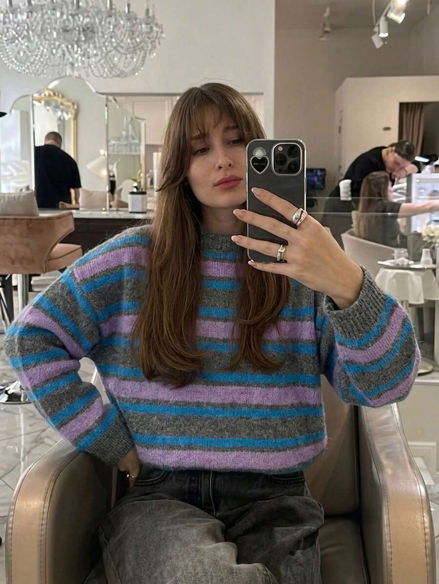 Women's Colorful Striped Pullover Sweater Long Sleeve Rib-Knit Top For Fall Daily Wear Soft High Stretch Fabric - Purple - View 1