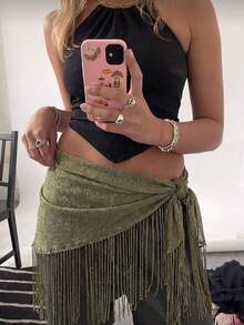 1PC Solid Color Tassel Shiny Silk Triangle Scarf, Can Be Used As Belt, Bag Decoration, Ribbon, Hairband, Suitable For Daily Wear, Wedding, Formal Occasion, Summer Beach - Green - View 2