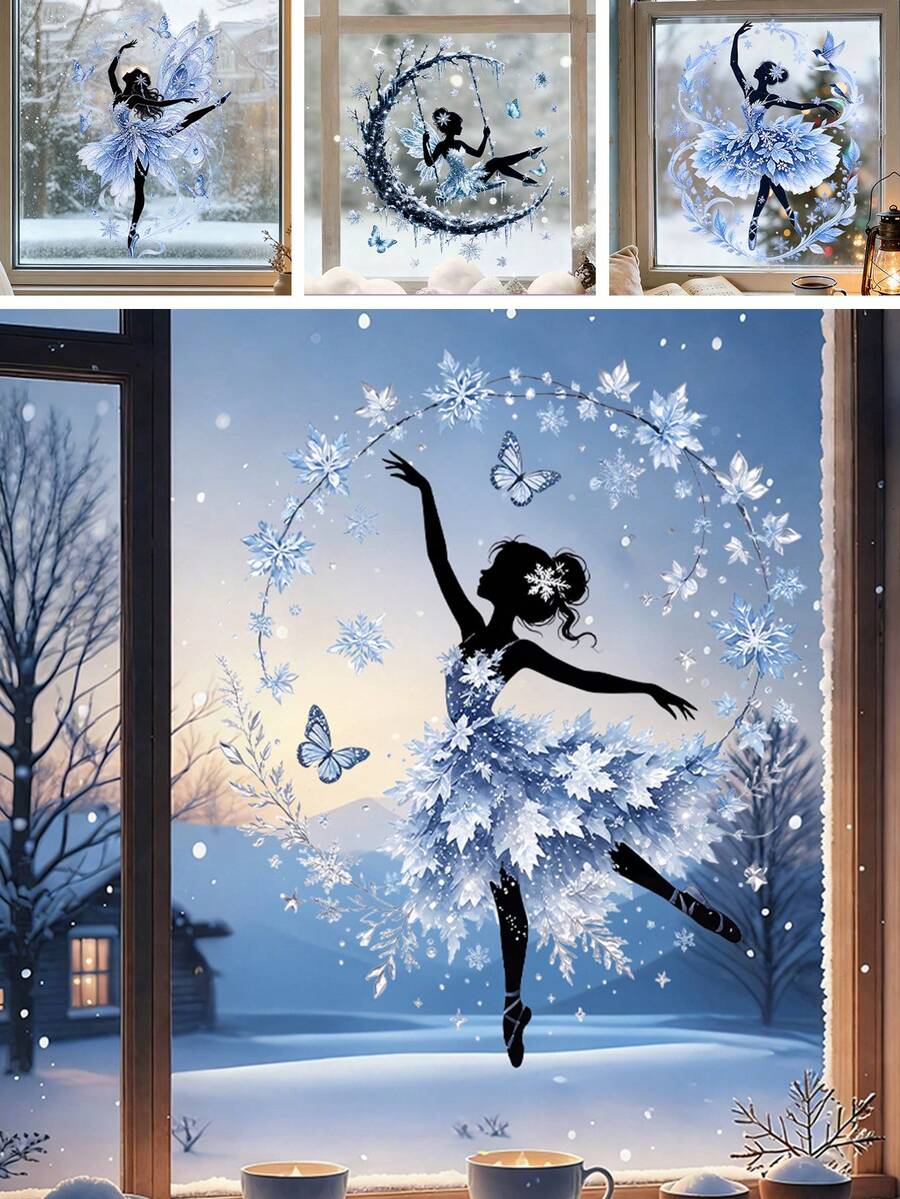 1Pc Static Window Cling, Ballerina Butterfly Winter Christmas Window Sticker,Removable Reusable Glass Decal For Kids Girls Room Home Holiday Decor - Multicolor - View 1