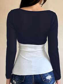 Women's Long-Sleeve Tie-Front Crop Top Y2K Coquette V-Neck Open-Front Shrug Bolero For Ballet Pilates And Yoga Workouts Streetwear Fall 2 Pieces Set - Navy Blue - View 6